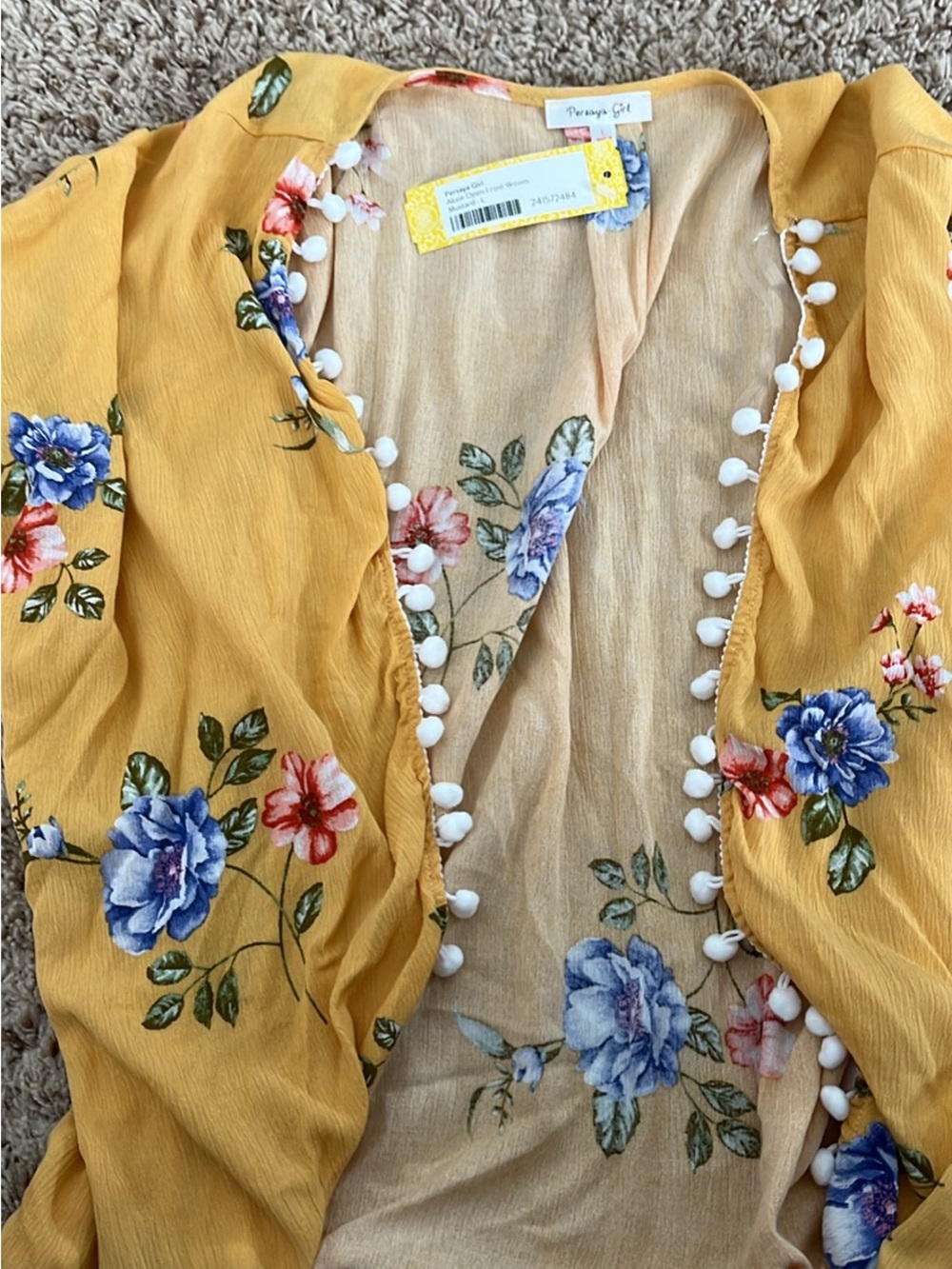 Persaya Mustard Yellow Floral Pom-Pom Kimono